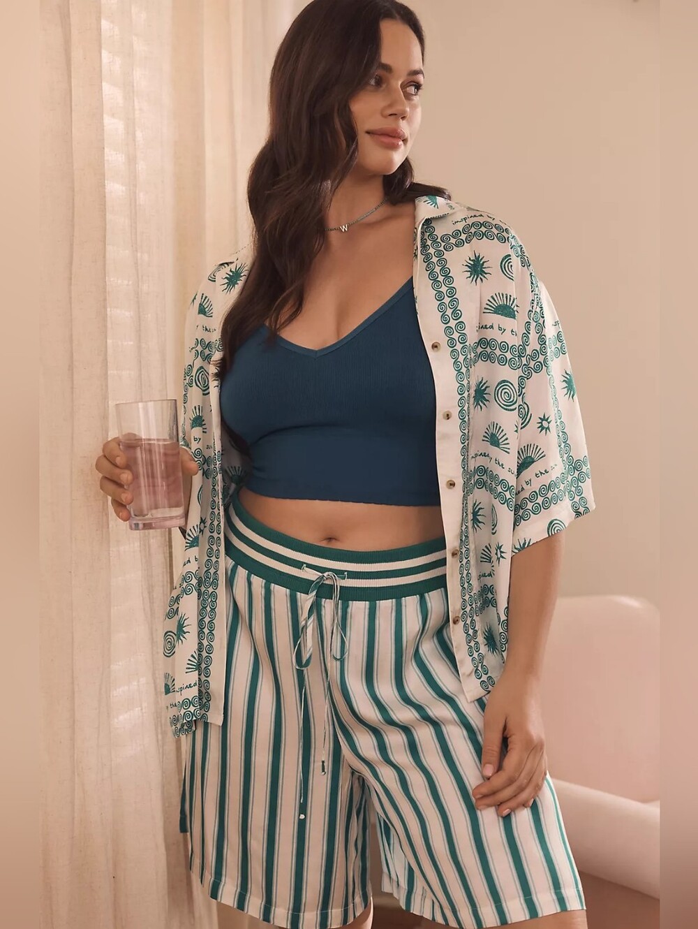 By Anthropologie green white striped silky bermuda boxer shorts